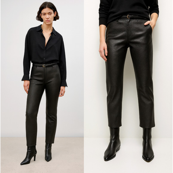 NWT! Nili Lotan 0 Lambskin Leather Pants $1290 Snakeskin Crop Straight Leg Black - Picture 1 of 13